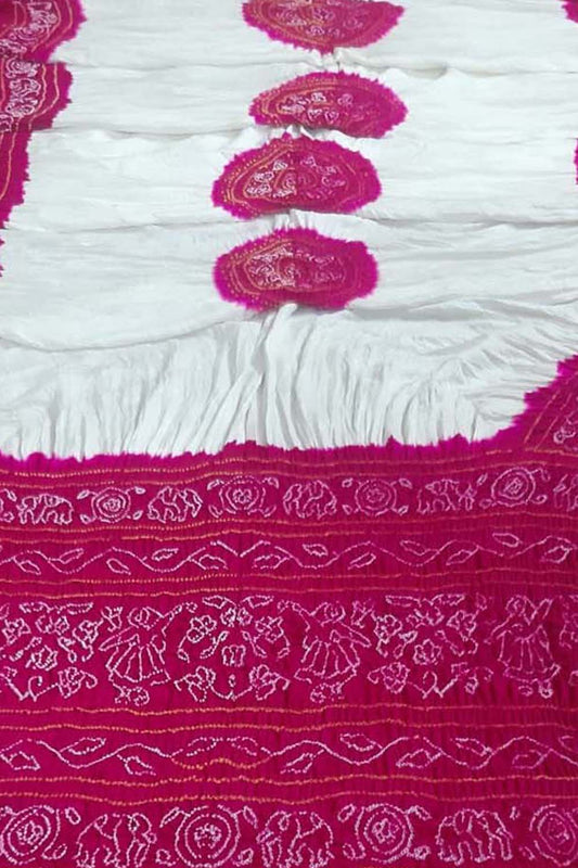 Off White And Pink Bandhani Pure Gajji Silk Saree - Luxurion World