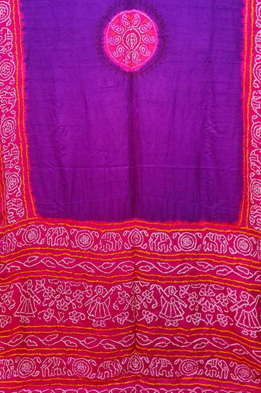 Purple And Pink Bandhani Pure Gajji Silk Saree - Luxurion World
