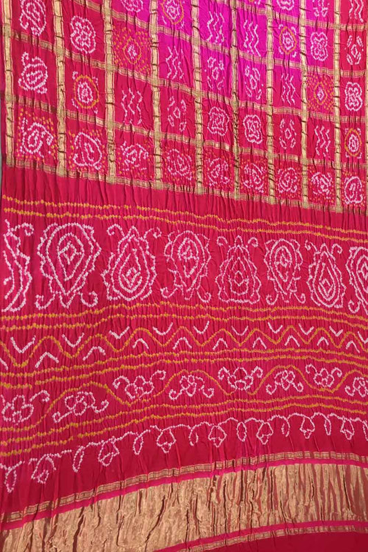 Pink And Red Checks Bandhani Pure Gajji Silk Gharchola Saree - Luxurion World