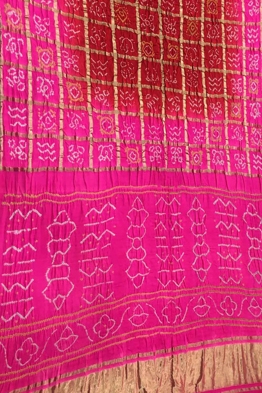 Red And Pink Checks Bandhani Pure Gajji Silk Gharchola Saree - Luxurion World