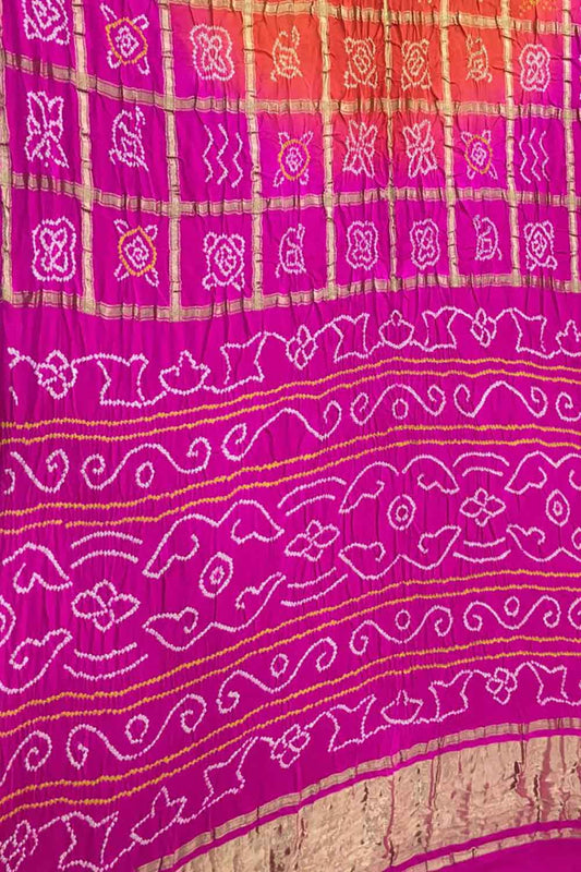 Orange And Purple Checks Bandhani Pure Gajji Silk Gharchola Saree - Luxurion World