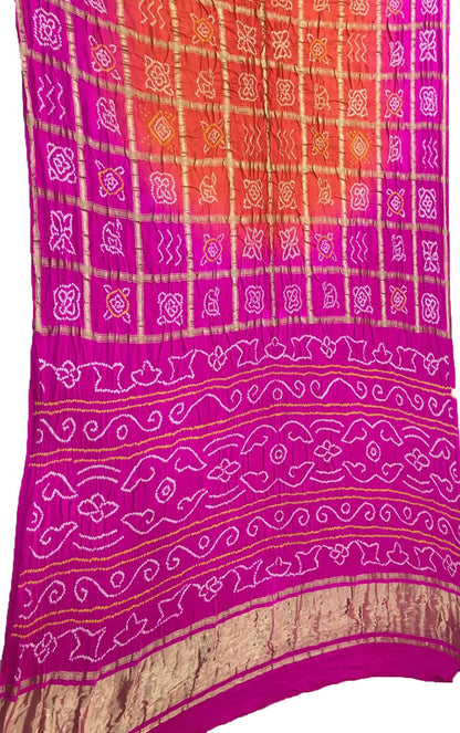 Orange And Purple Checks Bandhani Pure Gajji Silk Gharchola Saree
