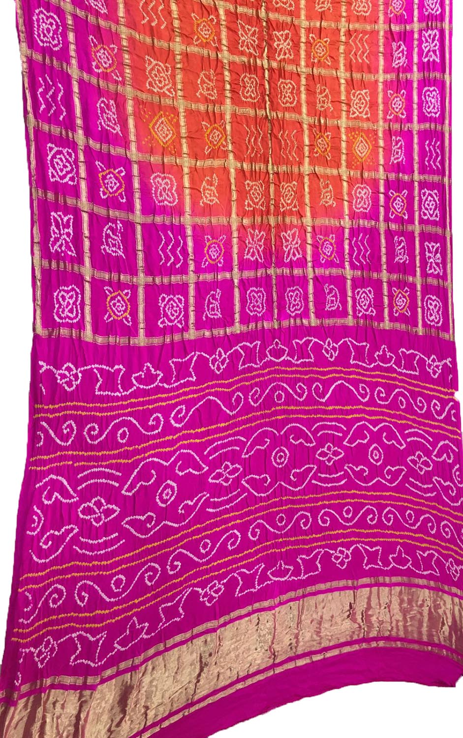Orange And Purple Checks Bandhani Pure Gajji Silk Gharchola Saree - Luxurion World