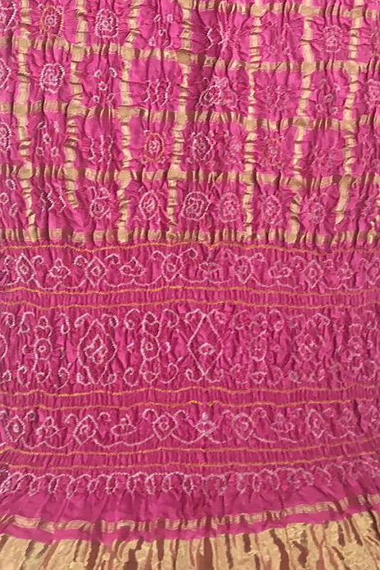 Pink Checks Bandhani Pure Gajji Silk Gharchola Saree - Luxurion World