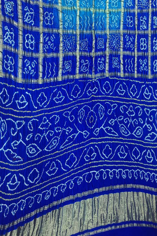 Blue Checks Bandhani Pure Gajji Silk Gharchola Saree - Luxurion World