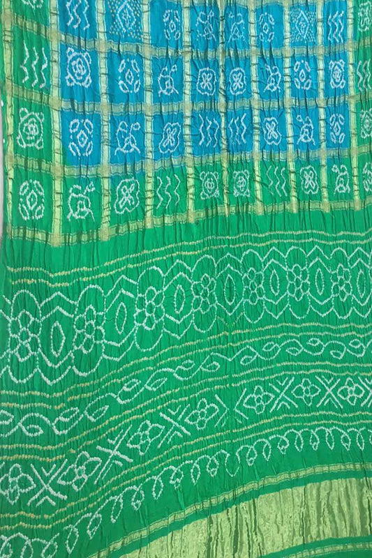Blue And Green Checks Bandhani Pure Gajji Silk Gharchola Saree - Luxurion World