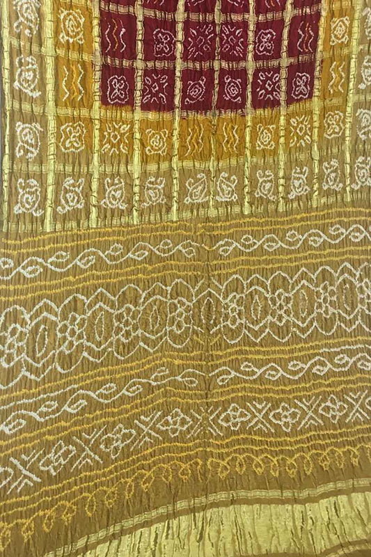 Maroon And Pastel Checks Bandhani Pure Gajji Silk Gharchola Saree - Luxurion World