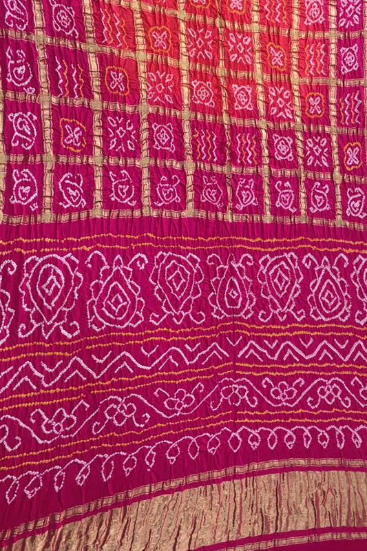 Orange And Purple Checks Bandhani Pure Gajji Silk Gharchola Saree - Luxurion World