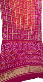 Orange And Purple Checks Bandhani Pure Gajji Silk Gharchola Saree - Luxurion World