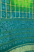 Green Checks Bandhani Pure Gajji Silk Gharchola Saree - Luxurion World