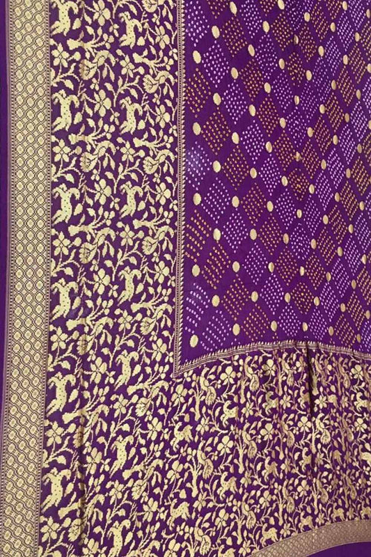 Purple Banarasi Bandhani Pure Georgette Figure Design Border Saree - Luxurion World