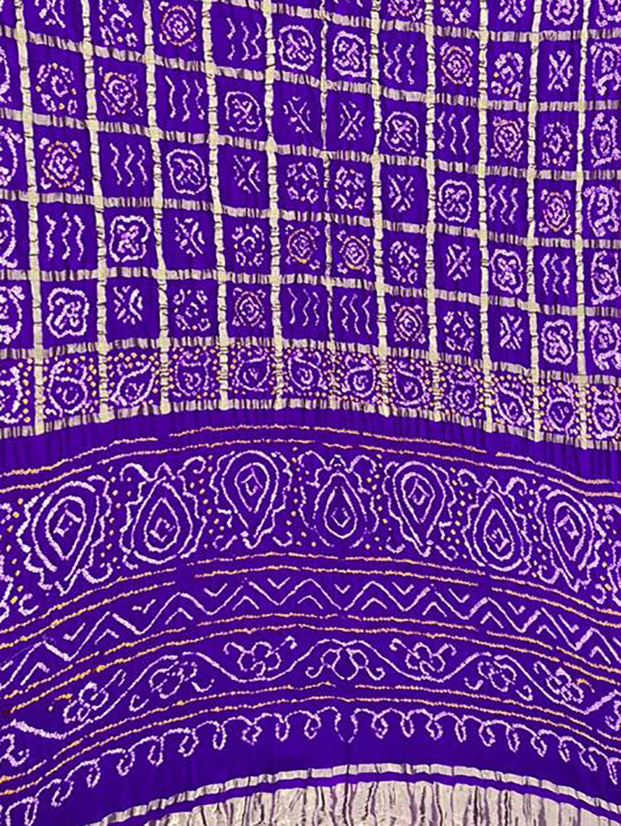 Purple Checks Bandhani Pure Gajji Silk Saree - Luxurion World