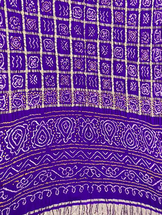 Purple Checks Bandhani Pure Gajji Silk Saree - Luxurion World