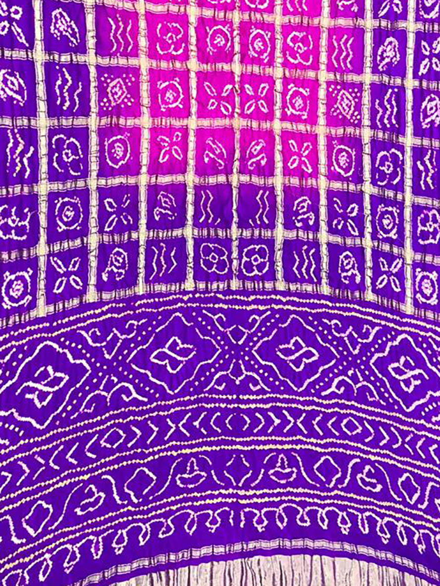 Purple Checks Bandhani Pure Gajji Silk Saree - Luxurion World