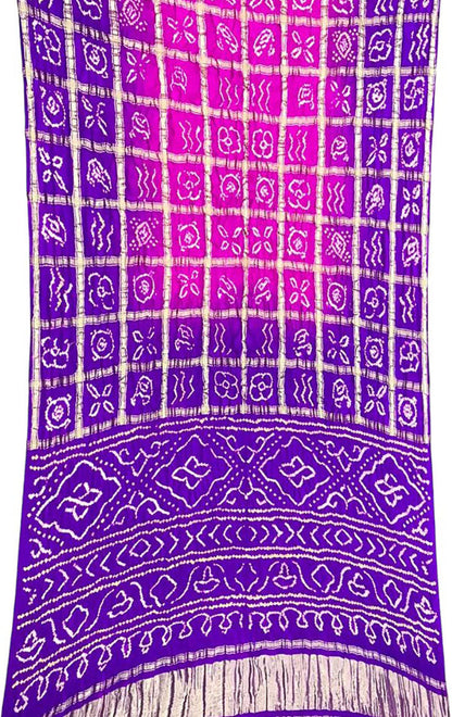 Purple Checks Bandhani Pure Gajji Silk Saree - Luxurion World