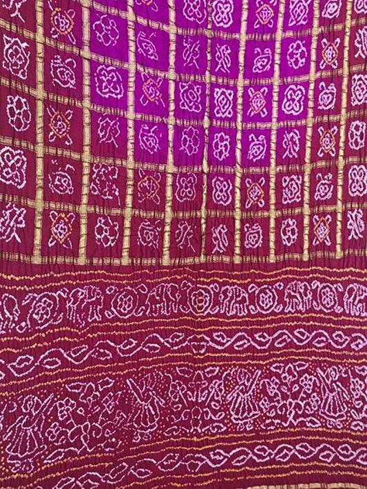 Maroon Checks Bandhani Pure Gajji Silk Saree - Luxurion World