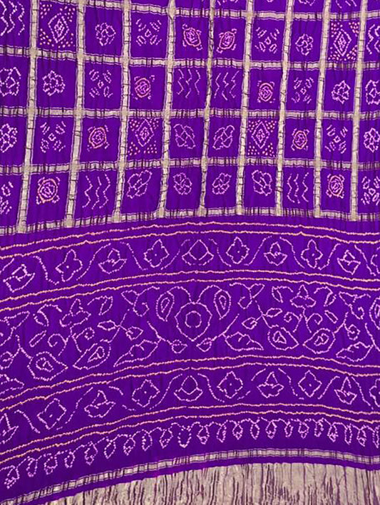 Purple Checks Bandhani Pure Gajji Silk Saree