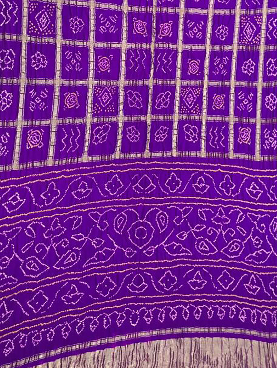 Purple Checks Bandhani Pure Gajji Silk Saree - Luxurion World