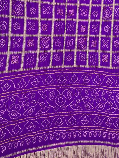 Purple Checks Bandhani Pure Gajji Silk Saree - Luxurion World
