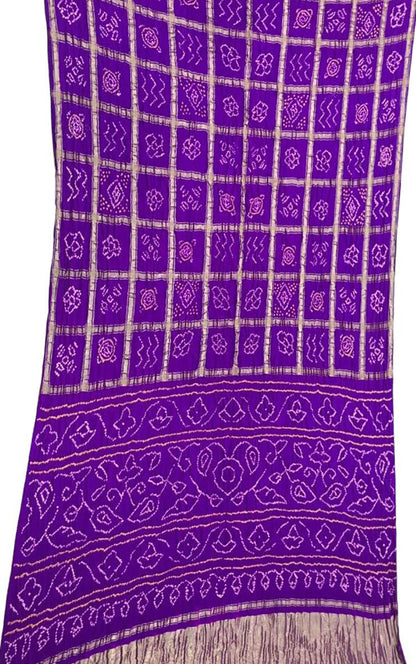 Purple Checks Bandhani Pure Gajji Silk Saree - Luxurion World