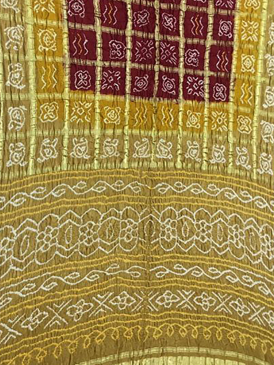 Yellow Checks Bandhani Pure Gajji Silk Saree - Luxurion World