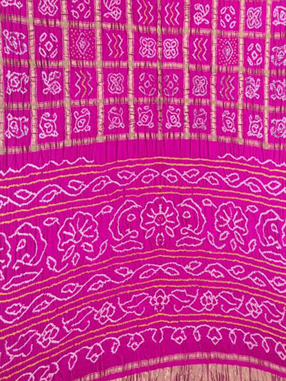 Pink Checks Bandhani Pure Gajji Silk Saree - Luxurion World