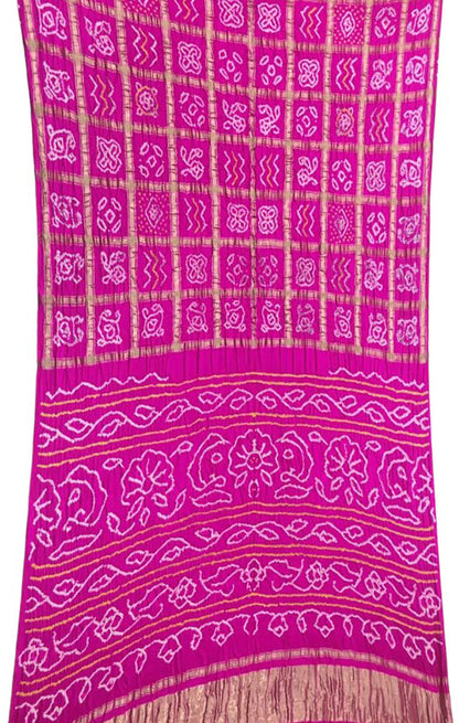 Pink Checks Bandhani Pure Gajji Silk Saree - Luxurion World
