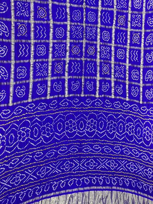 Blue Checks Bandhani Pure Gajji Silk Saree - Luxurion World
