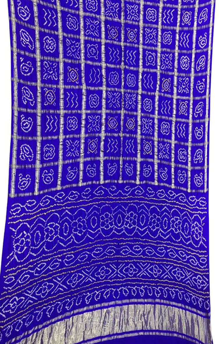 Blue Checks Bandhani Pure Gajji Silk Saree - Luxurion World