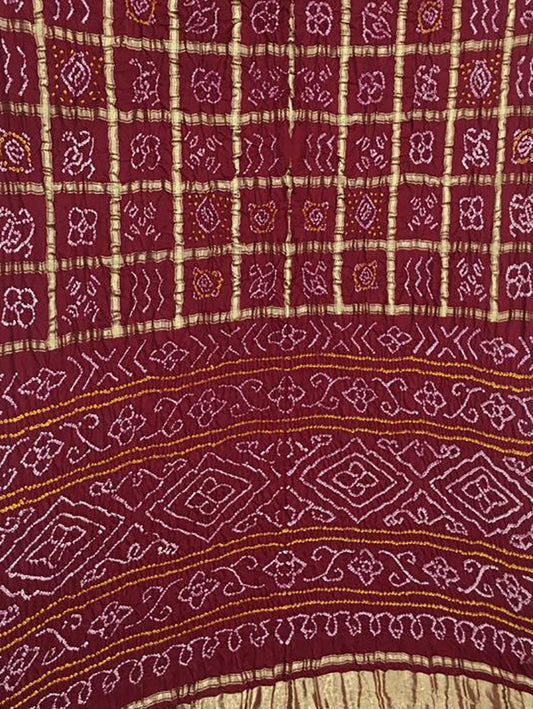 Maroon Checks Bandhani Pure Gajji Silk Saree - Luxurion World