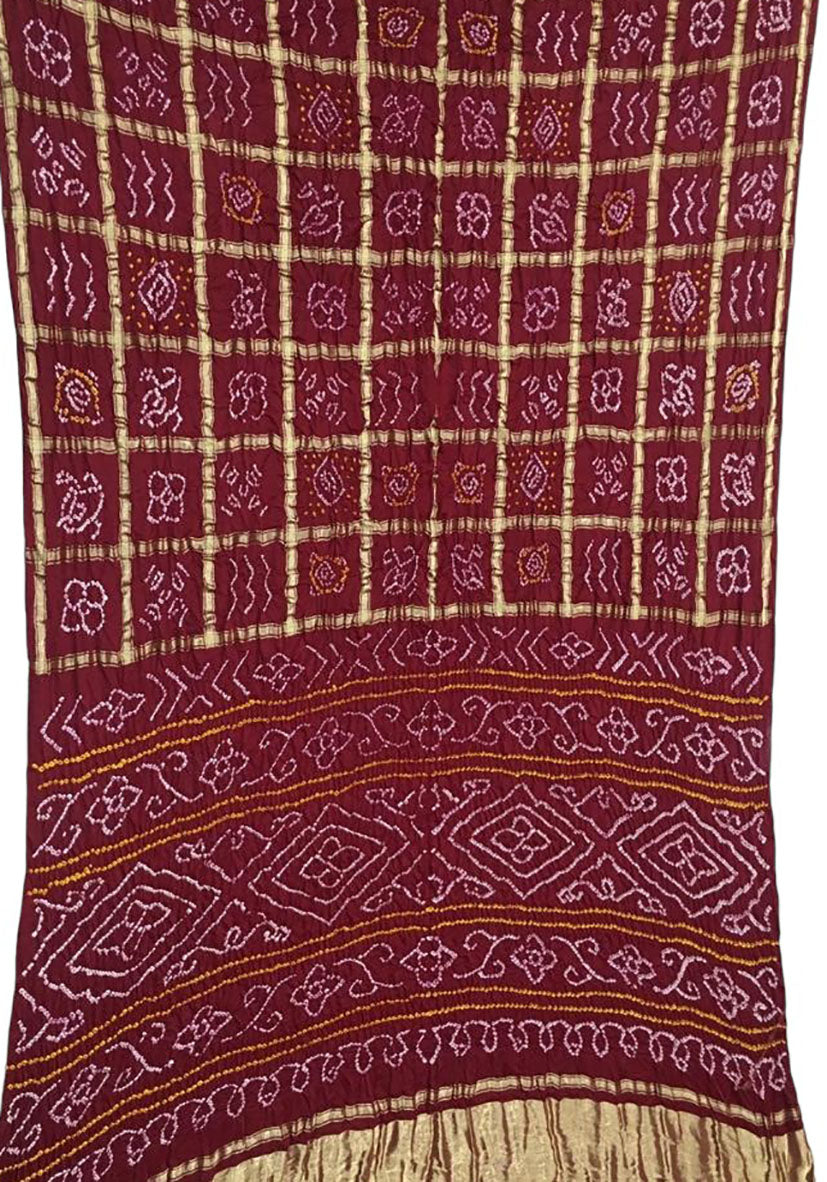 Maroon Checks Bandhani Pure Gajji Silk Saree - Luxurion World