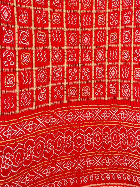 Red Checks Bandhani Pure Gajji Silk Saree - Luxurion World