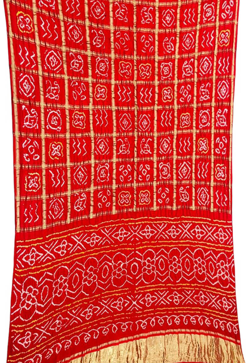 Red Checks Bandhani Pure Gajji Silk Saree - Luxurion World