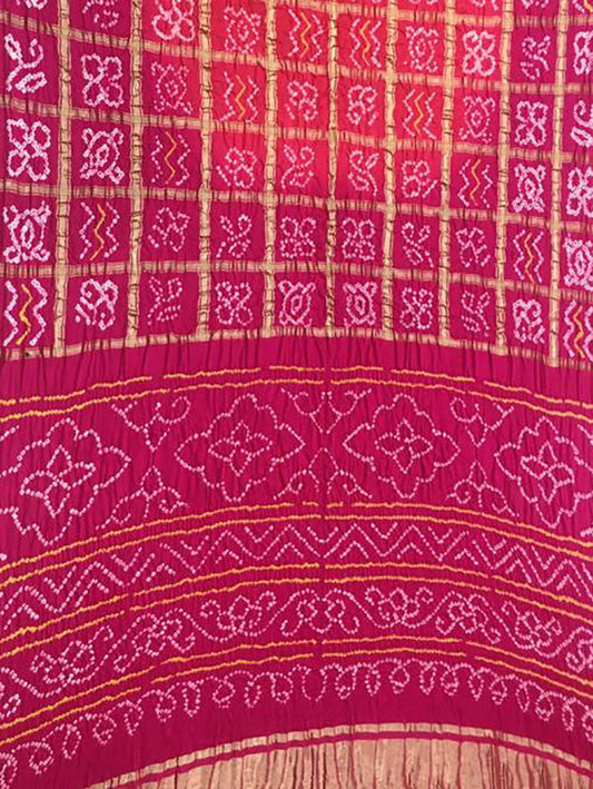 Pink Checks Bandhani Pure Gajji Silk Saree - Luxurion World
