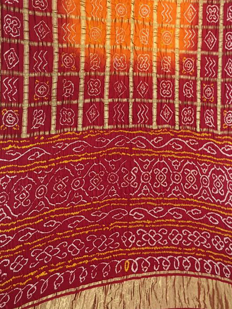 Maroon Checks Bandhani Pure Gajji Silk Saree - Luxurion World