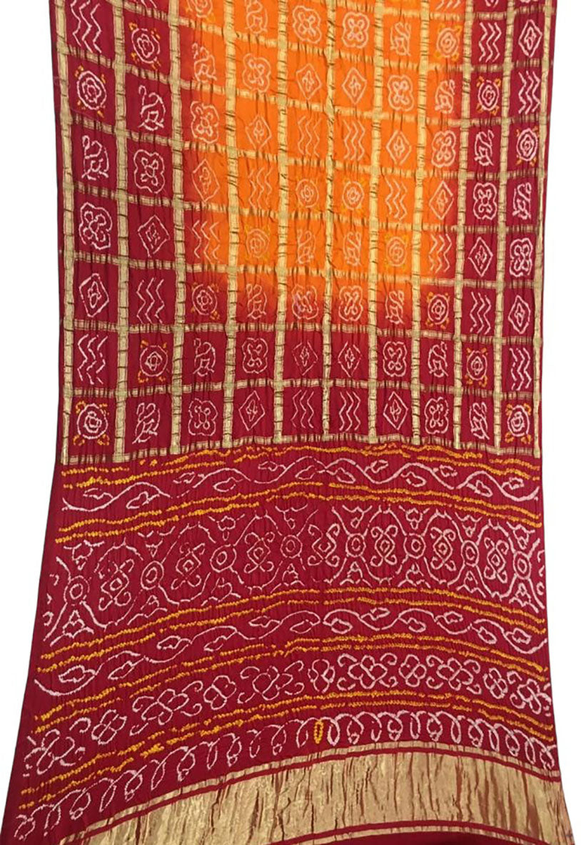 Maroon Checks Bandhani Pure Gajji Silk Saree - Luxurion World
