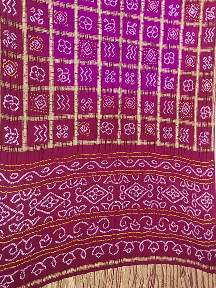 Maroon Checks Bandhani Pure Gajji Silk Saree - Luxurion World