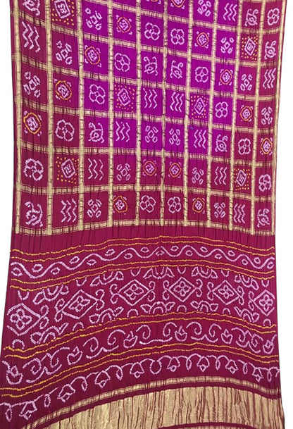 Maroon Checks Bandhani Pure Gajji Silk Saree - Luxurion World