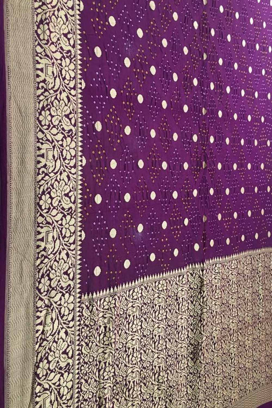 Purple Banarasi Bandhani Pure Georgette Saree - Luxurion World