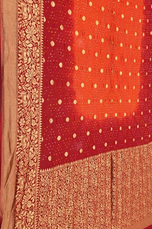 Orange And Red Banarasi Bandhani Pure Georgette Saree - Luxurion World