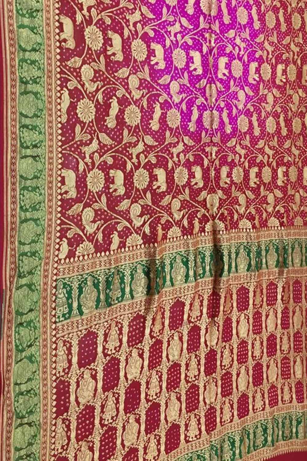 Pink And Red Banarasi Bandhani Pure Georgette Saree - Luxurion World