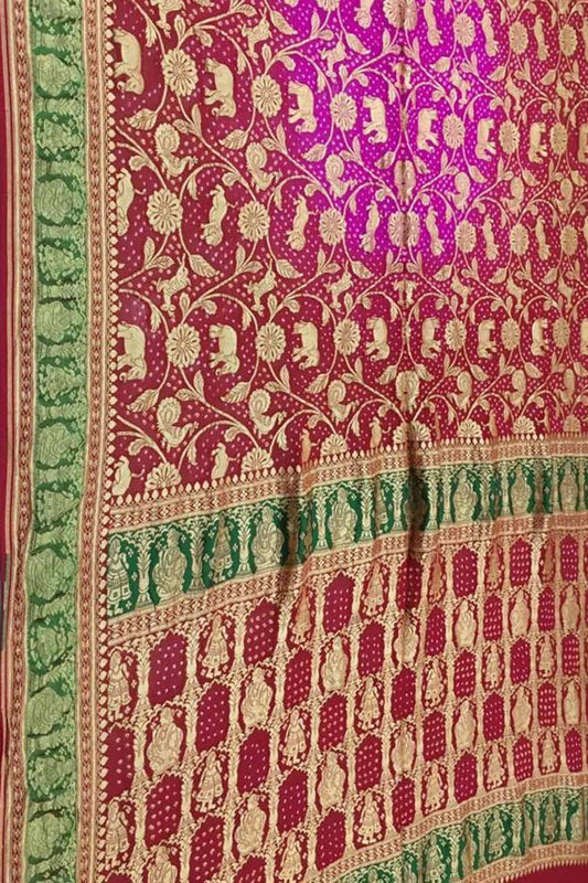 Pink And Red Banarasi Bandhani Pure Georgette Saree - Luxurion World
