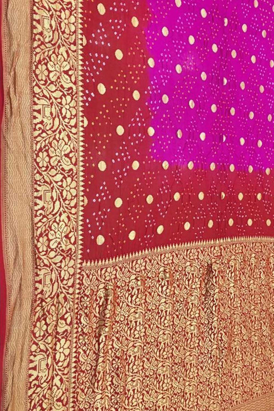 Pink And Red Banarasi Bandhani Pure Georgette Saree - Luxurion World