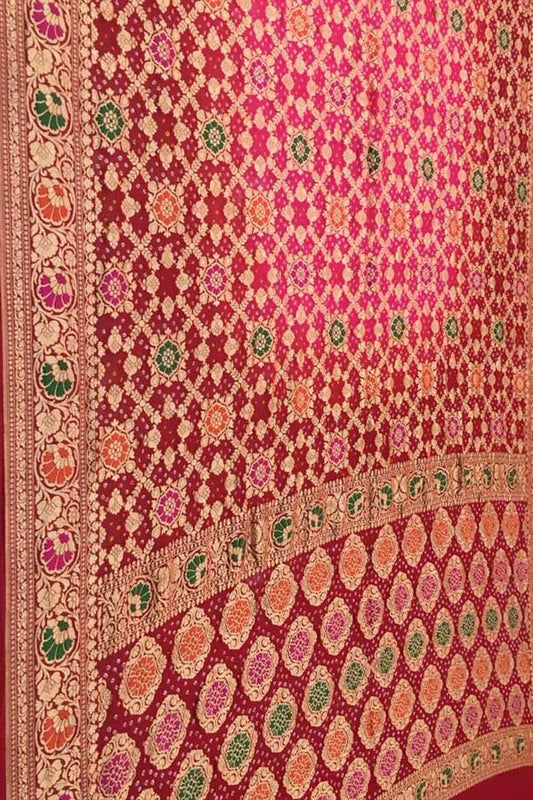Exquisite Pink & Red Banarasi Bandhani Georgette Saree: A Timeless Elegance