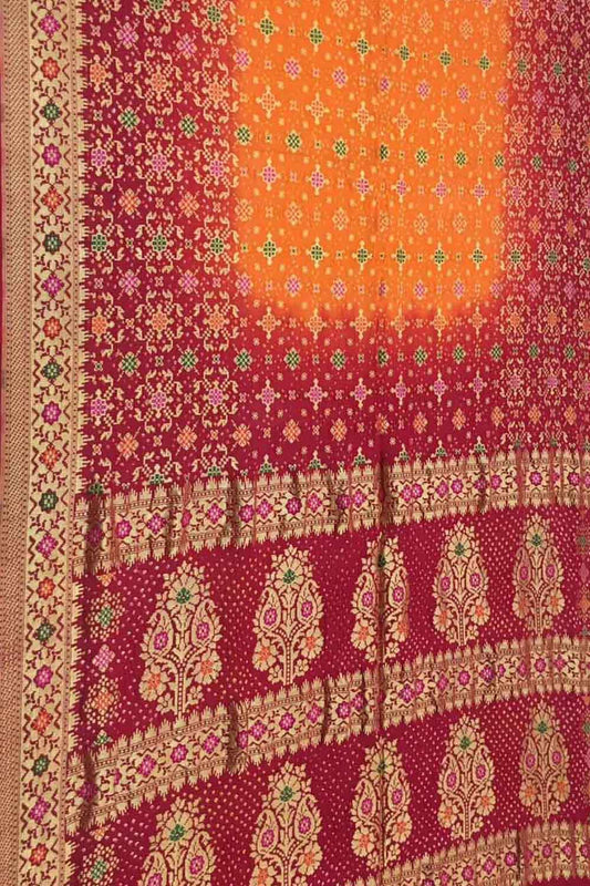 Vibrant Orange & Red Banarasi Bandhani Meenakari Georgette Saree - Luxurion World