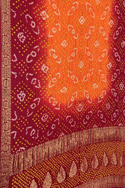 Elegant Maroon & Orange Bandhani Gajji Silk Saree - Luxurion World