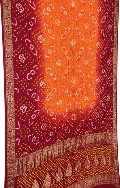 Elegant Maroon & Orange Bandhani Gajji Silk Saree - Luxurion World