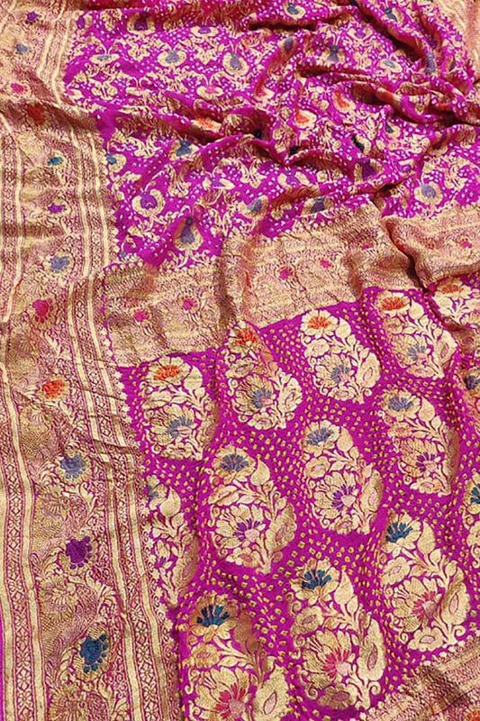 Pink Banarasi Bandhani Pure Georgette Meenakari Saree - Luxurion World