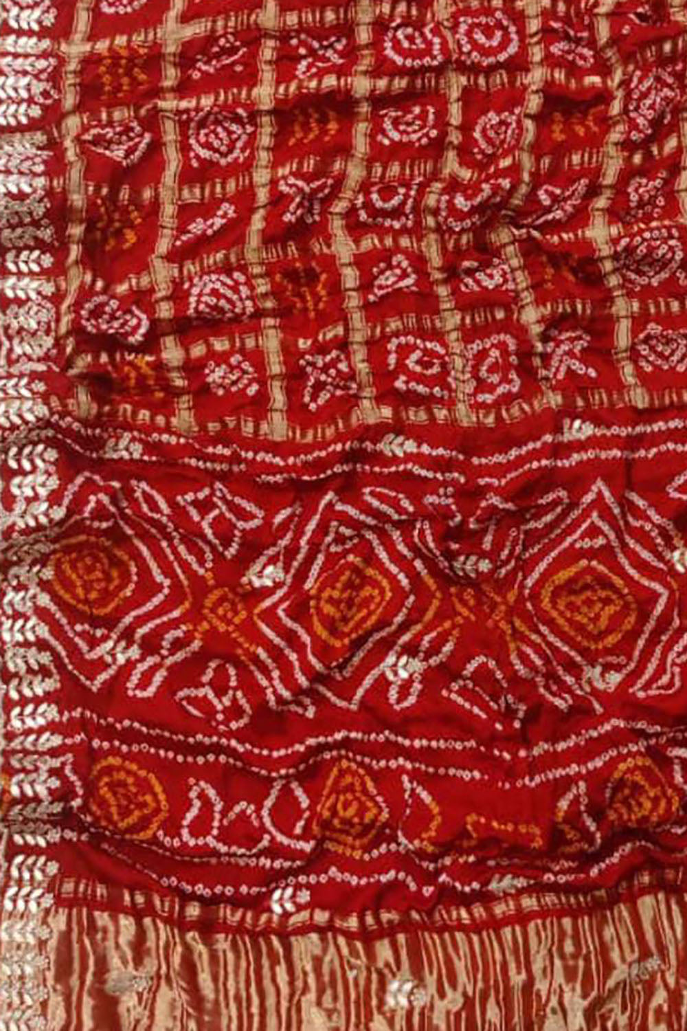 Red Bandhani Pure Gajji Silk Saree With Gota Patti Work - Luxurion World