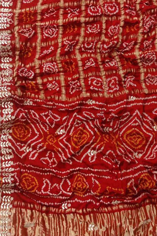 Red Bandhani Pure Gajji Silk Saree With Gota Patti Work - Luxurion World